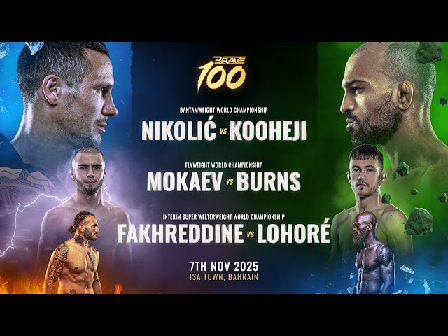 MMAtown blog post image: BRAVE CF 100 — Bahrain’s Triple-Title Homecoming (Mokaev vs Burns, Kooheji vs Nikolic, Fakhreddine vs Lohoré