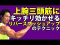 上腕三頭筋にキッチリ効かせるリバースプッシュアップのテクニック!上腕二頭筋だけじゃなく、これで腕を完成させトレーニング!最後にもうちょっと追い込みます!