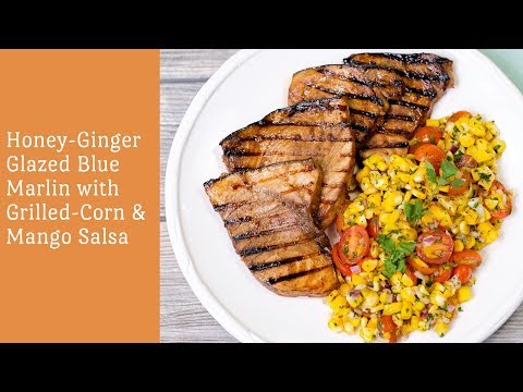 Honey-Ginger Glazed Blue Marlin Steaks with Grilled-Corn Mango Salsa