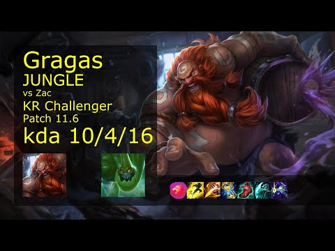 Gragas Jungle vs Zac - KR Challenger 10/4/16 Patch 11.6 Gameplay // [롤] 그라가스 vs 자크 정글