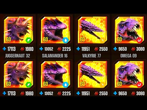 OMEGA 09 VS SALAMANDER 16 VS VALKYRIE 77 VS JUGGERNAUT 32 | JURASSIC WORLD THE GAME