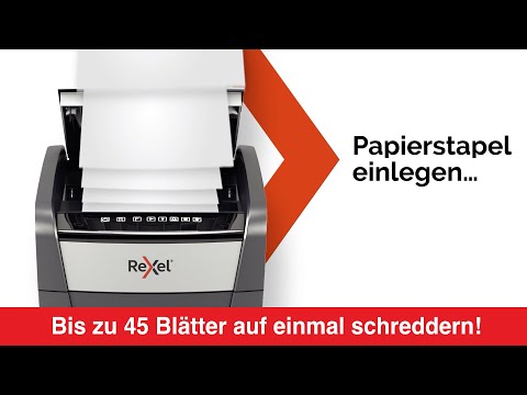 Artikelvideo 1 für AKTION: Rexel Optimum AutoFeed+ 45X Aktenvernichter mit Partikelschnitt P-4, 4 x 28 mm, bis 45 Blatt, schwarz, Artikelnummer 495091