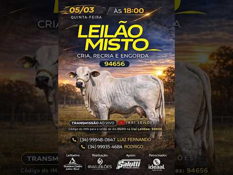 LEILÃO MISTO 05/03/2026 - IRAÍ LEILÕES - IRAÍ DE MINAS-MG