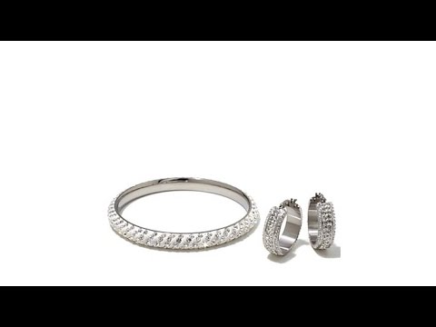 Stately Steel Crystal Hoop Earrings and Bangle Set