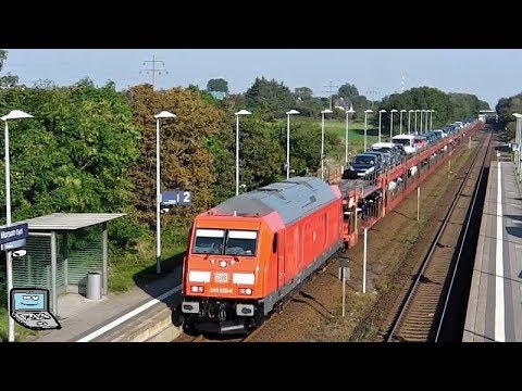 Morsum mit Nord-Ostsee-Bahn +nah.sh BR 245 (blau), DB Autozug +BR 245 (rot)