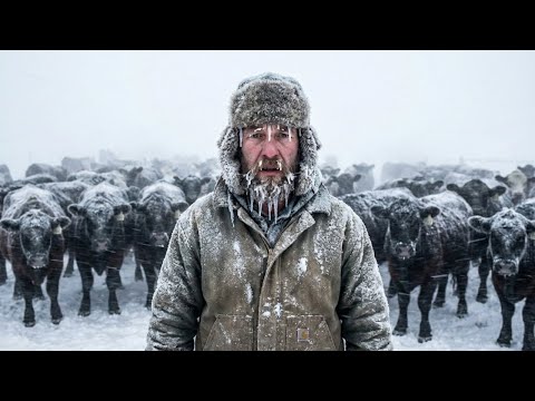Struggling to feed the starving cattle herd during a −30°C snow storm