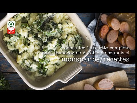 Stoemp au chou, saucisse fumée et sauce moutarde aux oignons