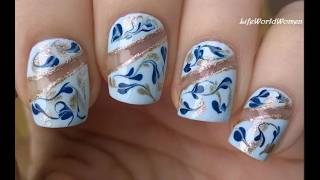 Elegant Negative Space Nails | Pretty Blue & Gold Glitter Heart Nail Art