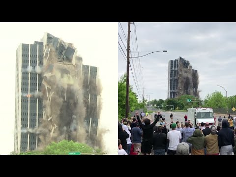 Sixteen thousand tons of Bethlehem Steel collapsed in a matter of seconds Sunday as a demolition crew imploded Martin Tower, the defunct steelmaker's former world headquarters in Bethlehem, Pennsylvania. (May 19)