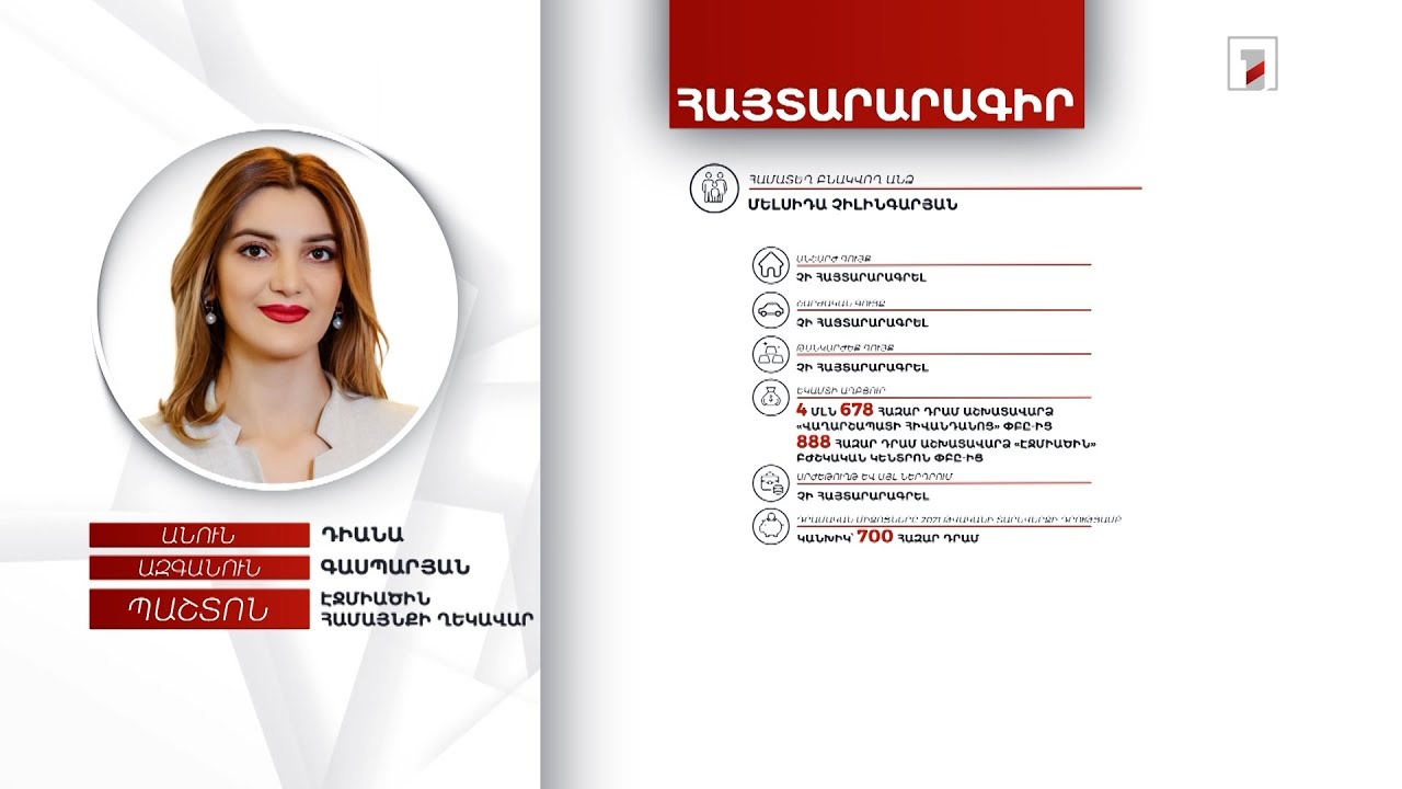4 մլն 907 հազար դրամ եկամուտ, 700 հազար դրամ կանխիկ միջոցներ. Դիանա Գասպարյանի հայտարարագիրը