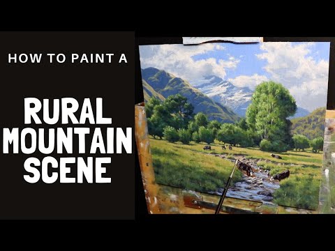 How to Paint a RURAL MOUNTAIN SCENE - Tips For Painting Distant Mountains, Trees, Grass and Cows.