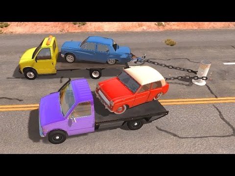 BeamNG drive - Chained Trucks & Cars VS Bollard