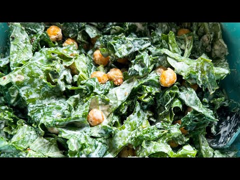 CREAMY Vegan Kale Caesar Salad with Crispy Chickpeas