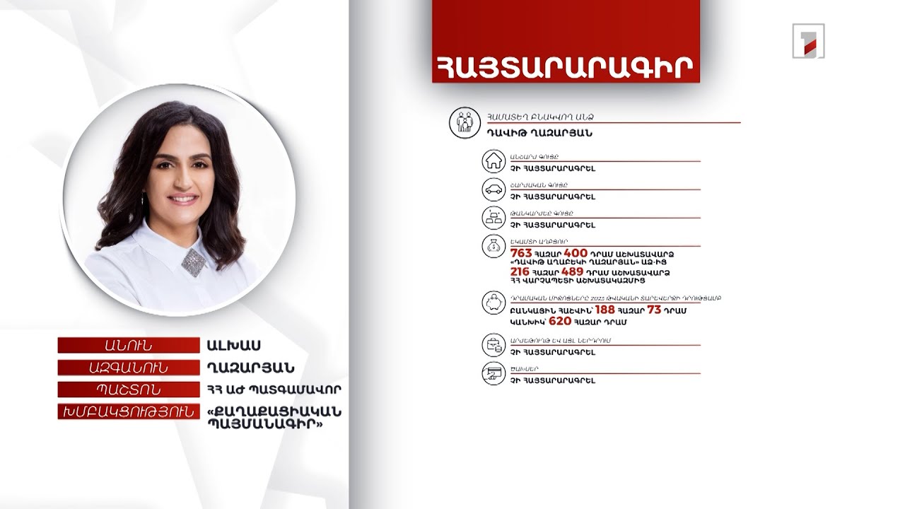 13 անշարժ գույք, 1 մլն 902 հազար դրամ. ՀՀ ԱԺ պատգամավոր Ալխաս Ղազարյանի հայտարարագիրը