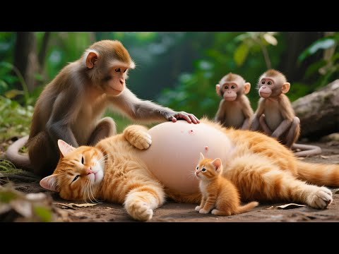 Mama Cat About to Give Birth 🤰✨ Helped by the Monkeys as Midwives 🐒 Cat Videos | Kucing | Cute Cat