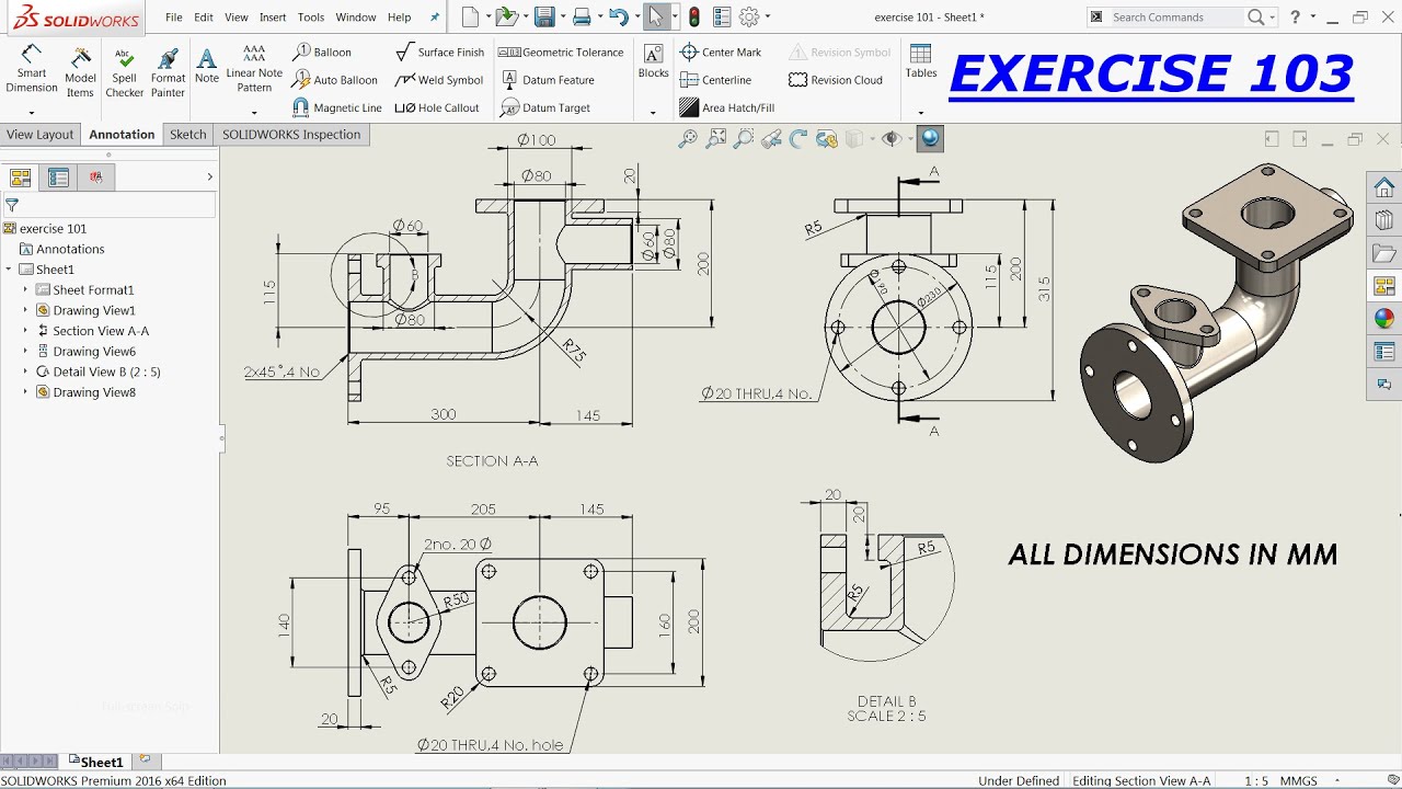 SolidWorks Drawing Tutorial for Beginners exercise 103