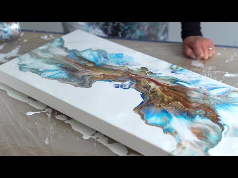 Acrylic Pouring - 12x28" Large Painting - Metallics & Blue Fluid abstract art