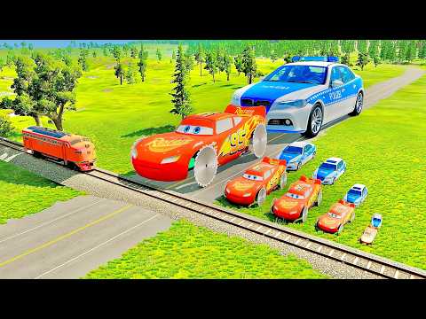 Small to Giant McQueen and police Cars vs Train and Rail - BeamNG.drive