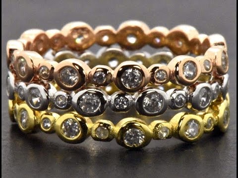 925 Silver Heart Yellow Pink Gold Sim Diamond Stacking Eternity Rings Bands