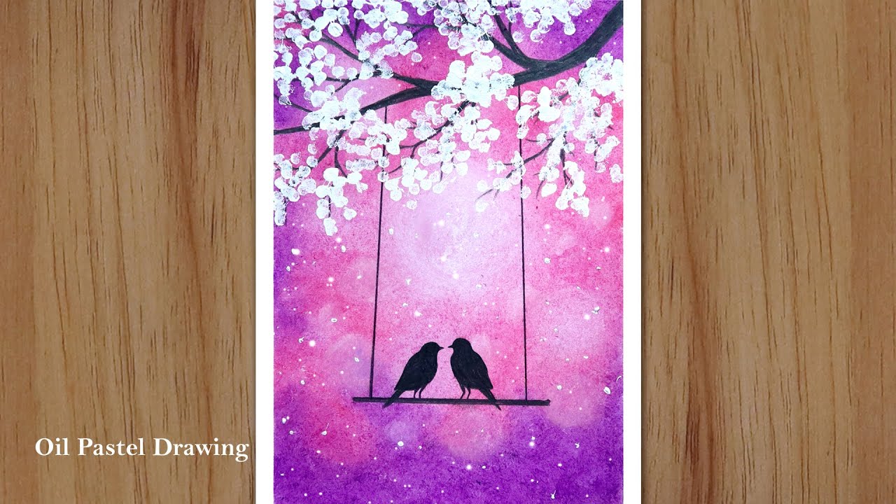 How to draw two birds in love step by step - Oil Pastel Drawing for Beginners