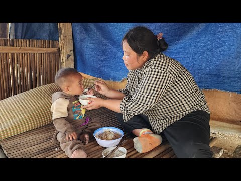 Single mother, harvesting bamboo shoots at the beginning of the season, cooking with her son
