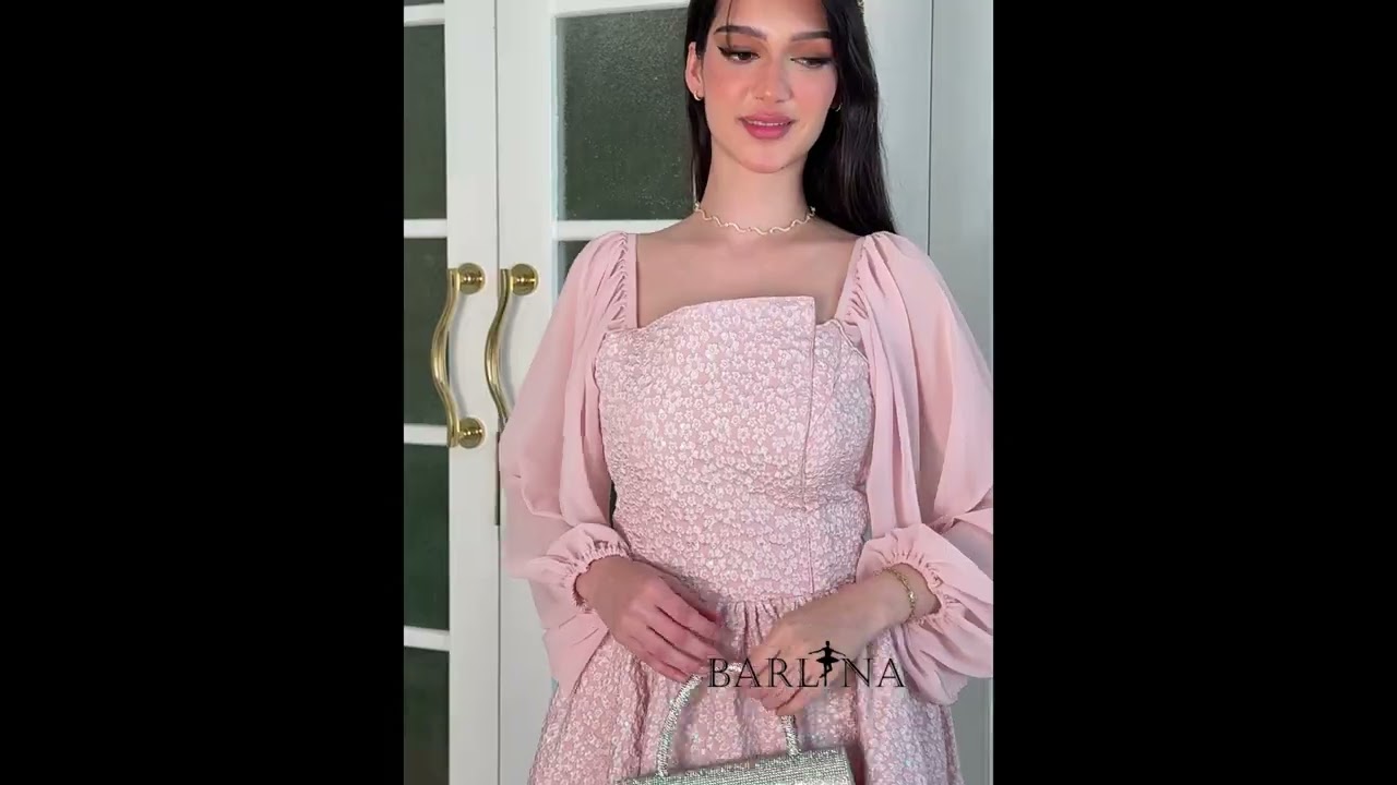 Light mauve occasion dress with a floral print - L