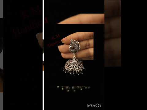 GS Elegant Peacock Design Oxidized Jhumka Earrings with Black glass Beads