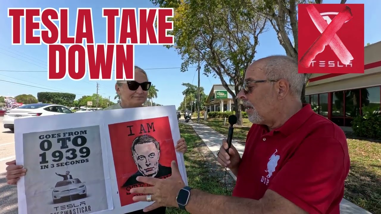 Tesla Protestors In Delray Beach tell Far Right Extremist Henry Enrique Tarrio To Go Back To Miami