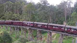 preview picture of video 'Puffing Billy crossing Monbulk Creek Trestle Bridge, Aerial View'