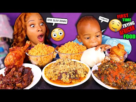 BABY ELIJAH First Time Trying AFRICAN FOOD Mukbang ( FUFU EGUSI SOUP & EFO RIRO ) QUEEN BEAST