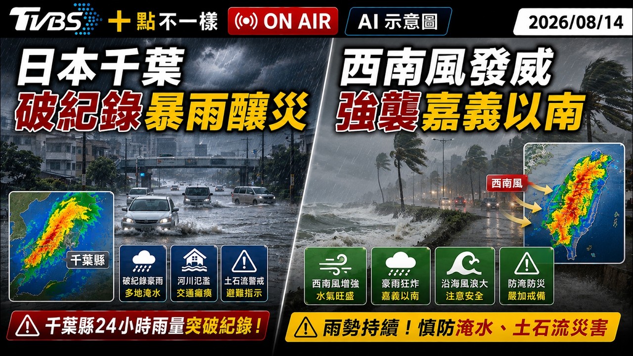 【0814 十點不一樣LIVE】日本千葉破紀錄暴雨釀災 西南風發威強襲嘉義以南