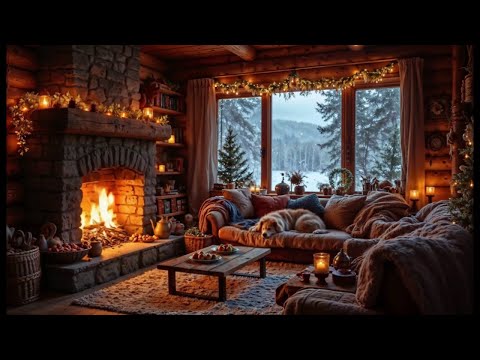 👉 Cozy Cabin Ambience in Snowstorm | Crackling Fireplace & Relaxing Winter With Falling Snow