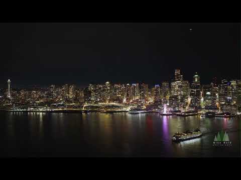 Seattle Skyline Reflections at Night | Elliott Bay (4K Aerial)