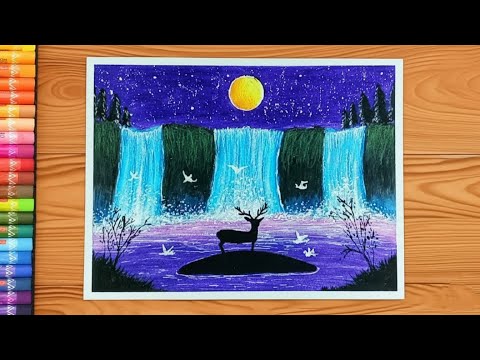 Art with Oil Pastel | Moonlight Waterfall scenery drawing for beginners - step by step