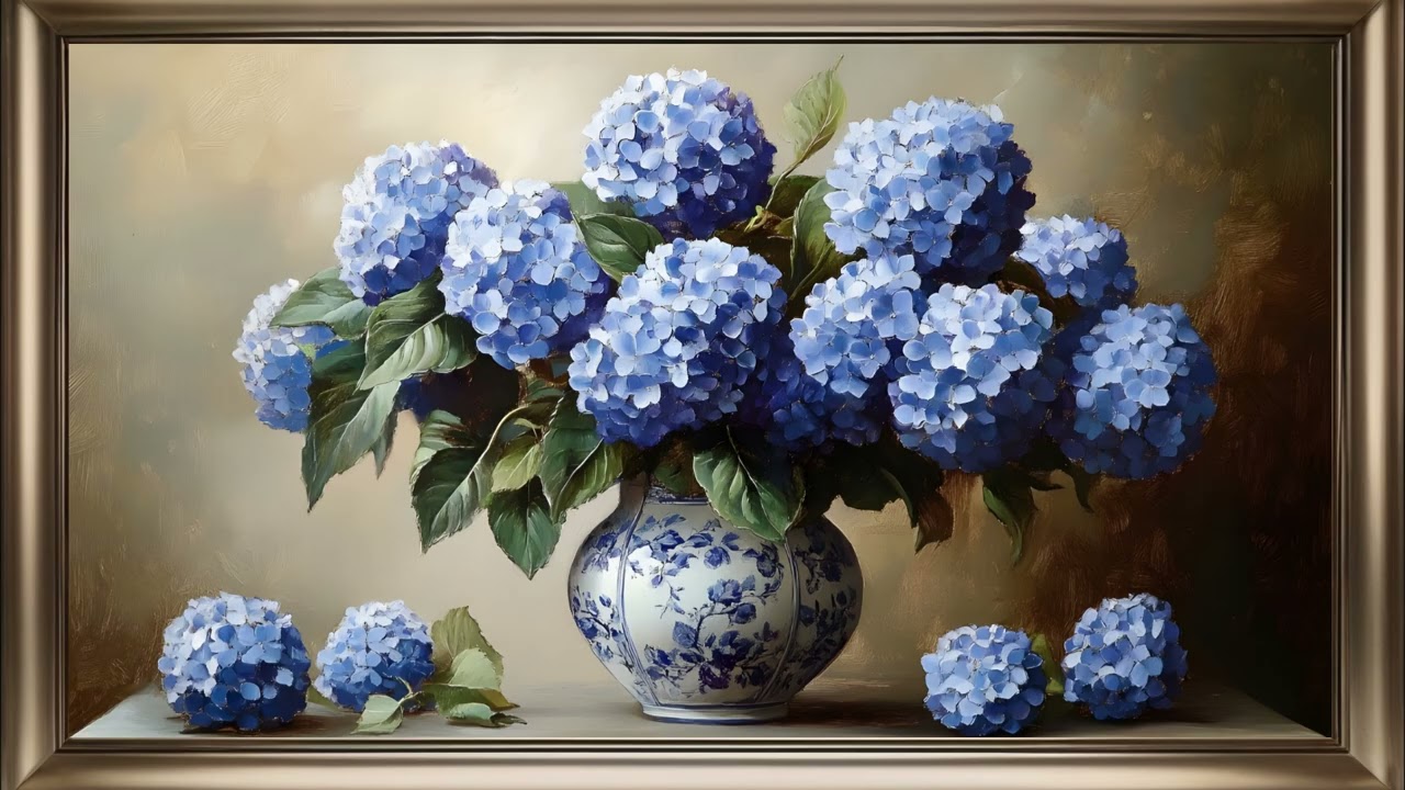 Blue Hydrangeas Frame TV Art | Floral Still Life Painting Screensaver For Your TV