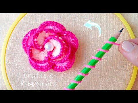 Amazing 3D Woolen Rose Making Ideas with Pencil - Hand Embroidery Easy Trick - DIY Woolen Flowers