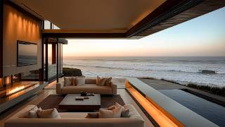 Smooth Jazz And Ocean Waves Sound - Soothing Jazz In The Living Room Of A Seaside Villa At Sunset