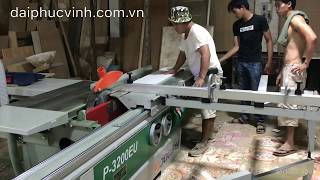 Máy cưa bàn trượt JOWAY P-3200EU, test full chức năng cắt nghiêng trục 45 độ, cắt xéo 45 độ.
