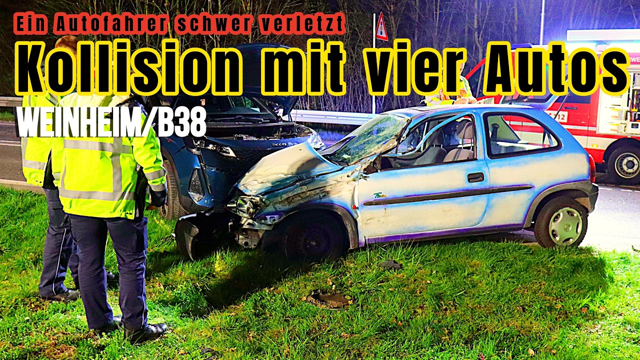 Vier Fahrzeuge kollidieren auf der B38 am Saukopftunnel in Weinheim – ein Schwerverletzter