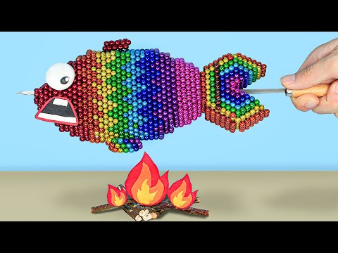 Fishing CHALLENGE & Grill a Magnetic RAINBOW FISH | DIY Satisfying - Magnet Stop Motion Cooking