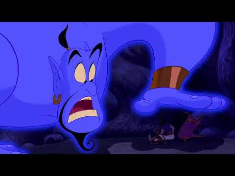 Aladdin rubbing the lamp for the first time