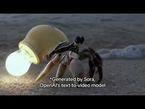 OpenAI Sora video: Hermit crab using a lightbulb as shell at night.