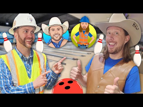 Two men in safety vests and hard hats smile and point at each other in a bowling alley backdrop with pins and cartoon icons.