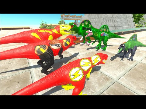X3 FLASH & ELASTIGIRL & SHAZAM T-REX VS X3 SPINOSAURUS DEATH RUN - Animal Revolt Battle Simulator