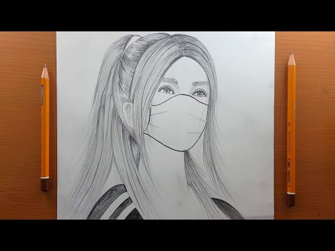 Come disegnare una ragazza che indossa una maschera  bella || Schizzo a matita bella ragazza