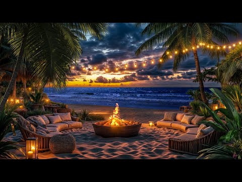 Peaceful Sunset 🌅✨ Relaxing on a Lounger, Warm Campfire & Soothing Wave Sounds