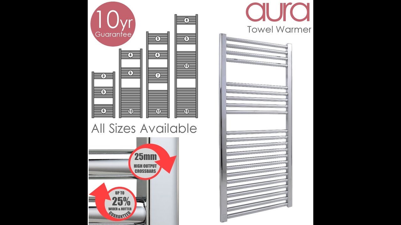 Heated Towel Rails: 'AURA' Standard Heated Towel Rail in Chrome, For Central Heating