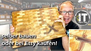 Edles Eiche Stirnholz Schneidebrett mit Saftrinne & einzigartigem Walnuss Messer