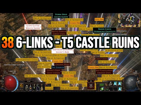 PoE Magic Find Maps (07) - 38 6-LINKS + 2 EX - T5 CASTLE RUINS MAP - ICE SHOT MF BUILD - VAAL WINDS