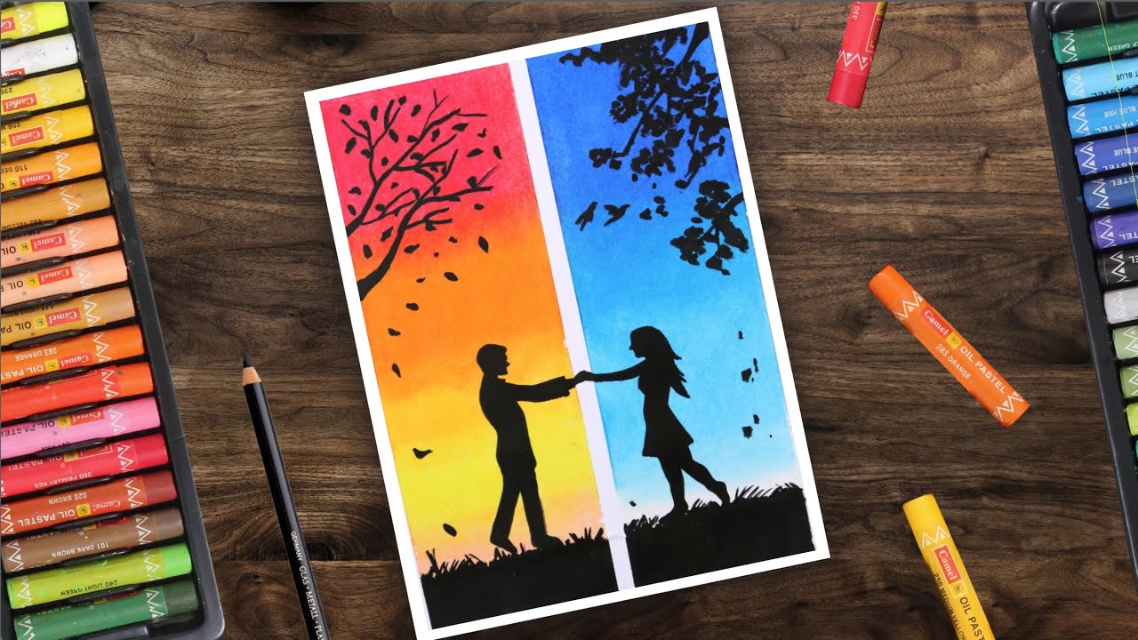 Love Couple in Long distance drawing with Oil Pastel / Couple Scenery Drawing / Step by Step